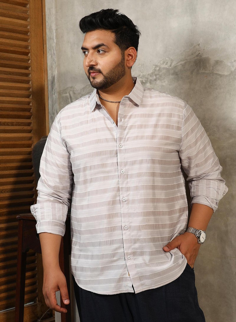 Instafab Plus Men's Off-White Parallel-Stripe Shirt For Casual Wear | Spread Collar | Long Cuffed Sleeves | Button Closure | Plus Size Shirt Crafted With Comfort Fit For Everyday Wear - Image 2