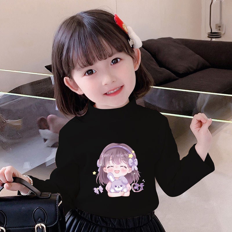 Girls' Semi-High Collar Velvet Casual Long-Sleeved T-Shirt Autumn New Arrival Medium And Large Children'S Wear Cartoon Printed Western Style Girls' T-Shirt - Image 1