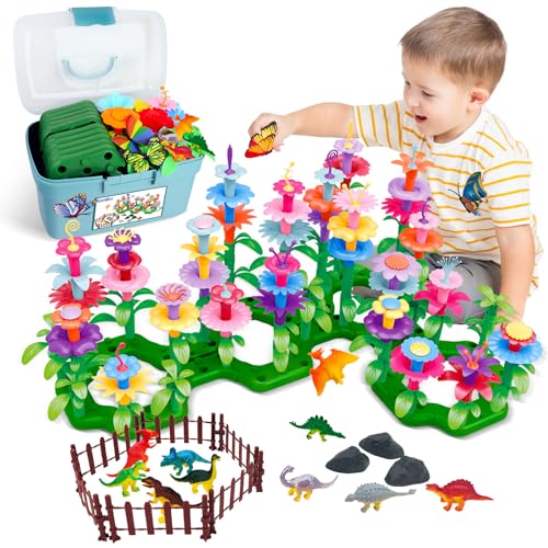 Leetous Toys Gifts for Toddlers Boys Girls Age 2 3 4 5 6 167 PCS Dinosaur Flower Garden Building Blocks STEM Fine Motor Skill Stacking Games Easter First 1st Birthday Gifts for Preschool Kids 2 Years Old - Image 1