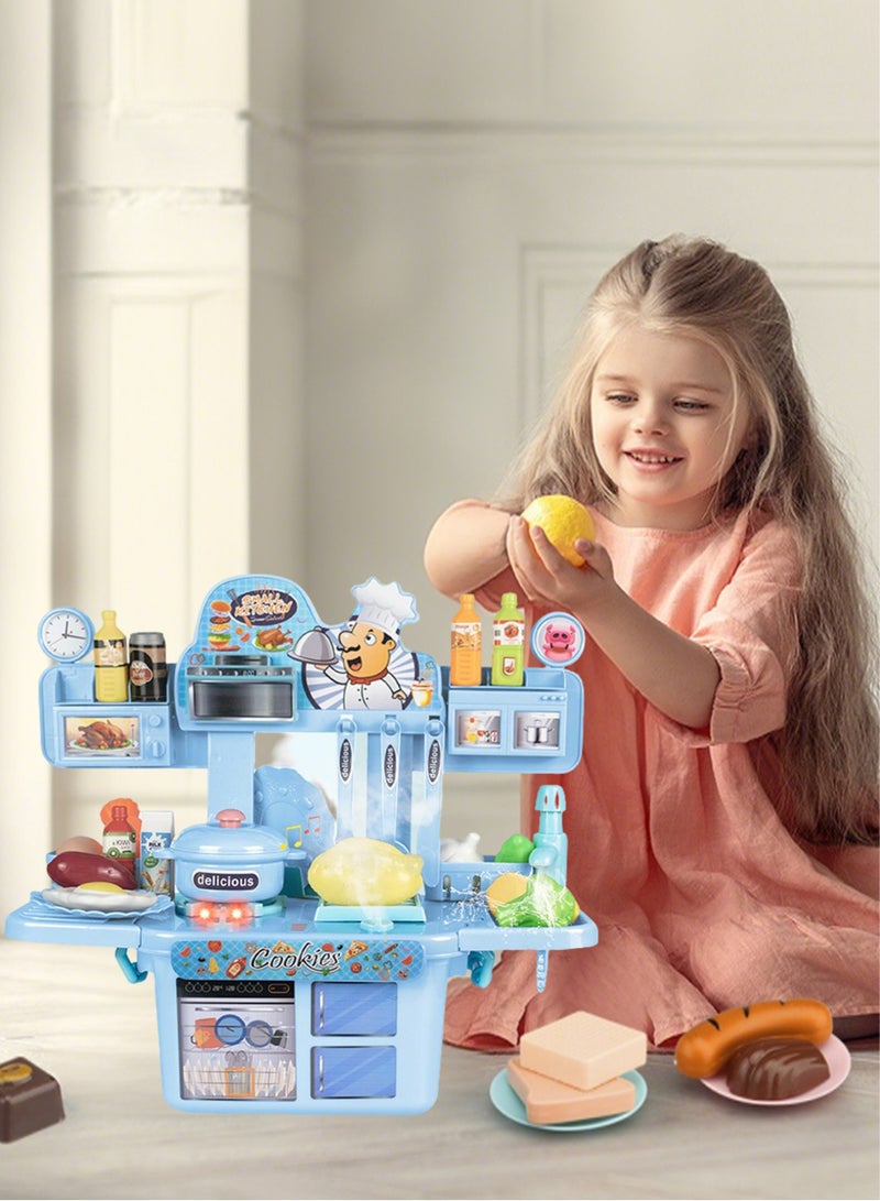 Kids kitchen playset, indoor/outdoor kitchenette, interactive play with lights, sounds and spray, made of durable plastic, includes 30 toy accessories, suitable for toddlers aged 3+