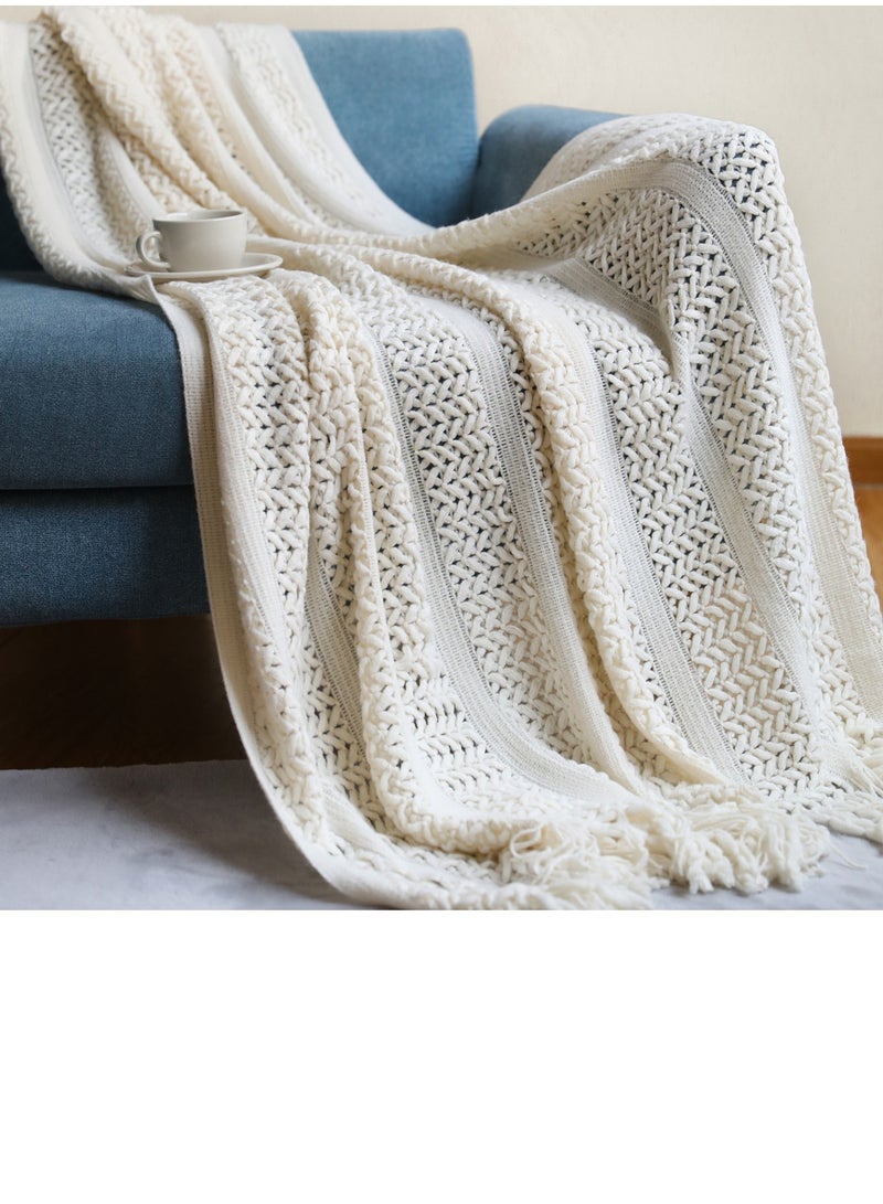 Loquat Solid Color Tassel Design Hollowed Knitted Soft Throw Blanket White 