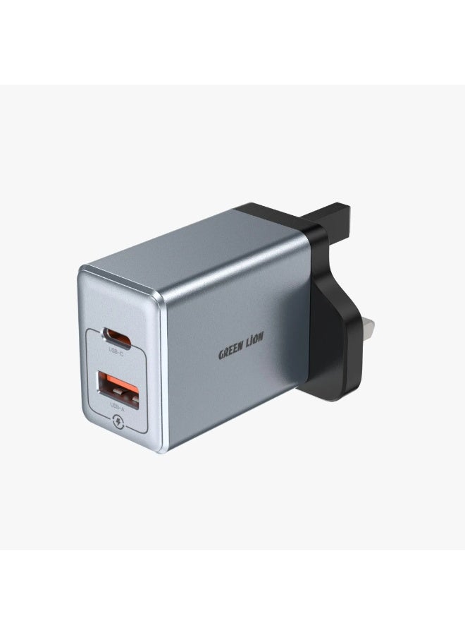 GREEN LION GaN Premium PD 20W UK Plug Wall Charger with USB-C & USB-A Ports / Charges up to 50% in 30 min / PPS 19.8W Power Delivery / PC Flame Retardant Material / Fast Charging / Travel Friendly - Grey - Image 3