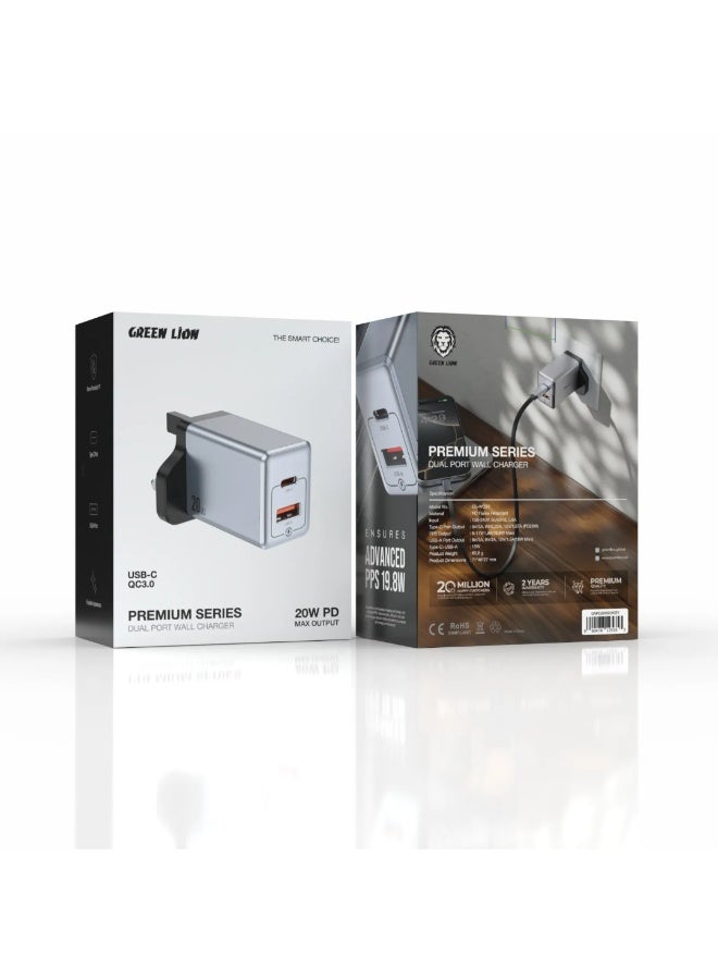 GREEN LION GaN Premium PD 20W UK Plug Wall Charger with USB-C & USB-A Ports / Charges up to 50% in 30 min / PPS 19.8W Power Delivery / PC Flame Retardant Material / Fast Charging / Travel Friendly - Grey - Image 4