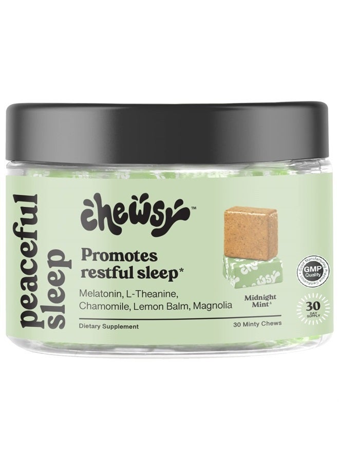 CHEWSY Peaceful Sleep Chews, Sleep Support, 3 mg Melatonin, 200 MGS L-Theanine, Chamomile, Lemon Balm, Magnolia, Nighttime Sleep Aid, Naturally Minty Chews, Promotes restful Sleep, 30-Day Supply (1)  - Image 1