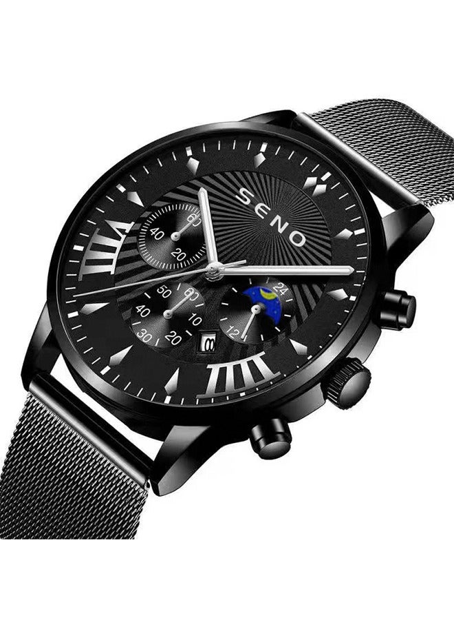 SENO Black Automatic Waterproof Quartz Men's Business Watch, Simple and Stylish Stainless Steel Strap Calendar Wristwatch - Image 2