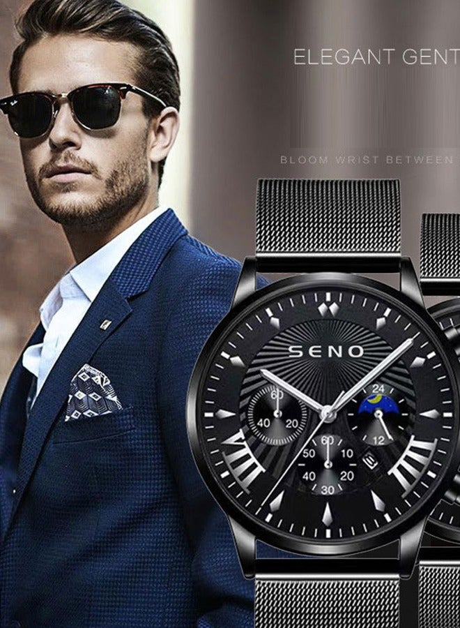 SENO Black Automatic Waterproof Quartz Men's Business Watch, Simple and Stylish Stainless Steel Strap Calendar Wristwatch - Image 4