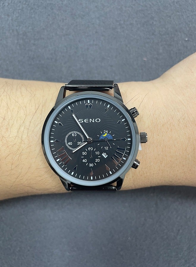 SENO Black Automatic Waterproof Quartz Men's Business Watch, Simple and Stylish Stainless Steel Strap Calendar Wristwatch - Image 5