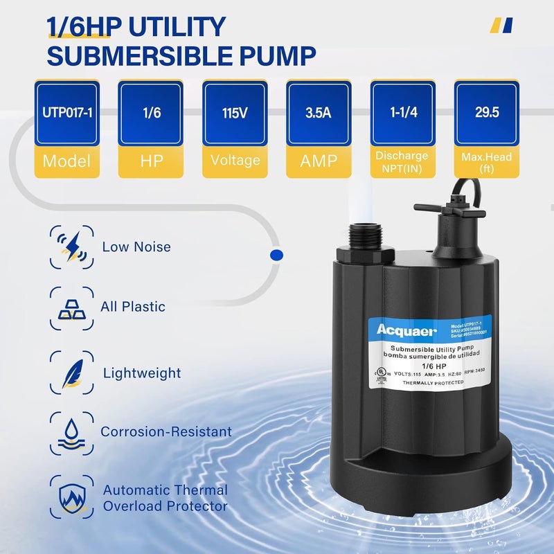 Acquaer Submersible Water Pump 1/6 HP Sump Pump Thermoplastic Utility Pump Small Electric Water Pump 1750GPH Water Remove for Basement Hot Tubs Garden Pool Cover Draining with 10 ft Cord - Image 5
