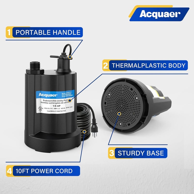 Acquaer Submersible Water Pump 1/6 HP Sump Pump Thermoplastic Utility Pump Small Electric Water Pump 1750GPH Water Remove for Basement Hot Tubs Garden Pool Cover Draining with 10 ft Cord - Image 2