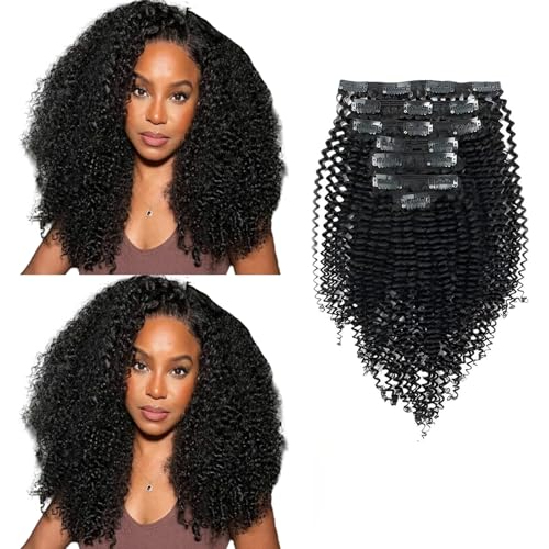 Sassina Real Thick Clip in Human Hair Extensions Kinky Curly Style 3B 3C Natural Color For African Americans Afro Kinky Curly Clip on 7Pcslot 120Gramsset KC 14 Inch
