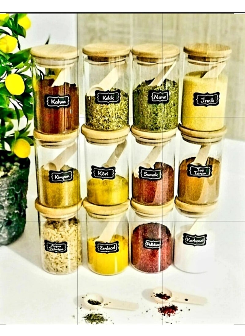 Kitchen Pembelia 12-Piece Labeled Bamboo Lid CAM250ML Spice Bowl and 12 Spice Spoons 24 Piece Spice Bowl Set  - Image 1
