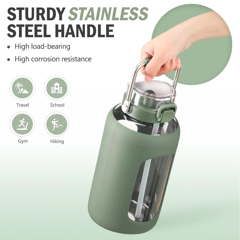BLUEGO 84oz Water Bottle Glass with Stainless Steel Handle Large 2.5l Water Bottle with Time Markers and Silicone Sleeve Half Gallon Water Jug BPA Free for Gym Daily Use, Olive - Image 5