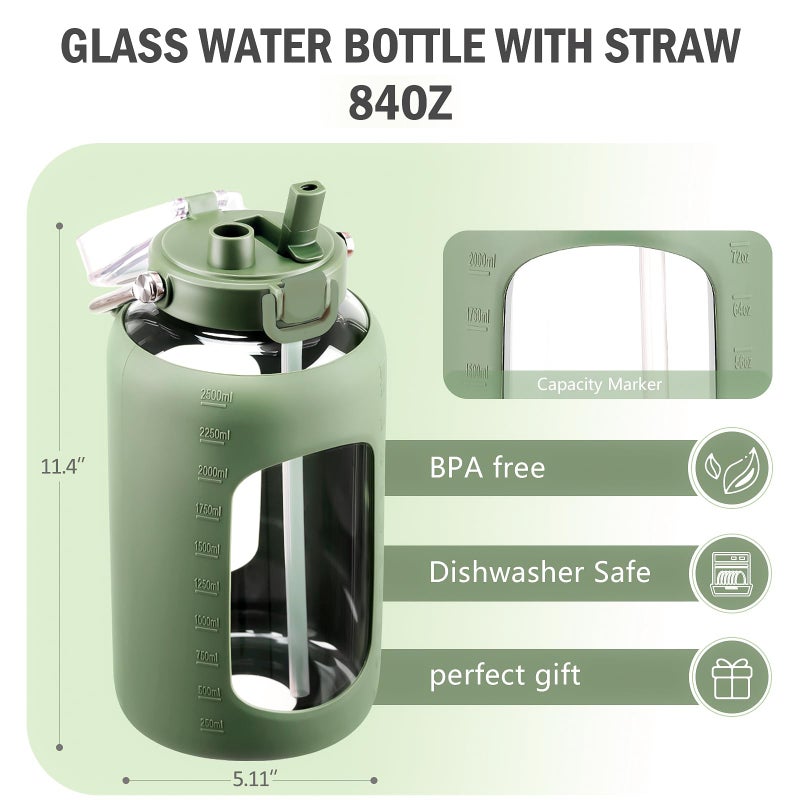 BLUEGO 84oz Water Bottle Glass with Stainless Steel Handle Large 2.5l Water Bottle with Time Markers and Silicone Sleeve Half Gallon Water Jug BPA Free for Gym Daily Use, Olive - Image 2