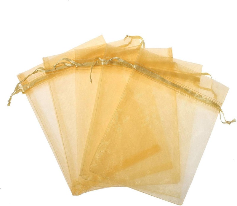 Pimuza 100pcs 5x7 inch Gifts Wrap Bags Gold, Organza Sheer Fabric Bulk, Drawstring Reusable Recycled Pouch for Baby Shower Favor, Craft Business, Beach, Standard Size Elegant Business Card, Cute Little Toy - Image 1