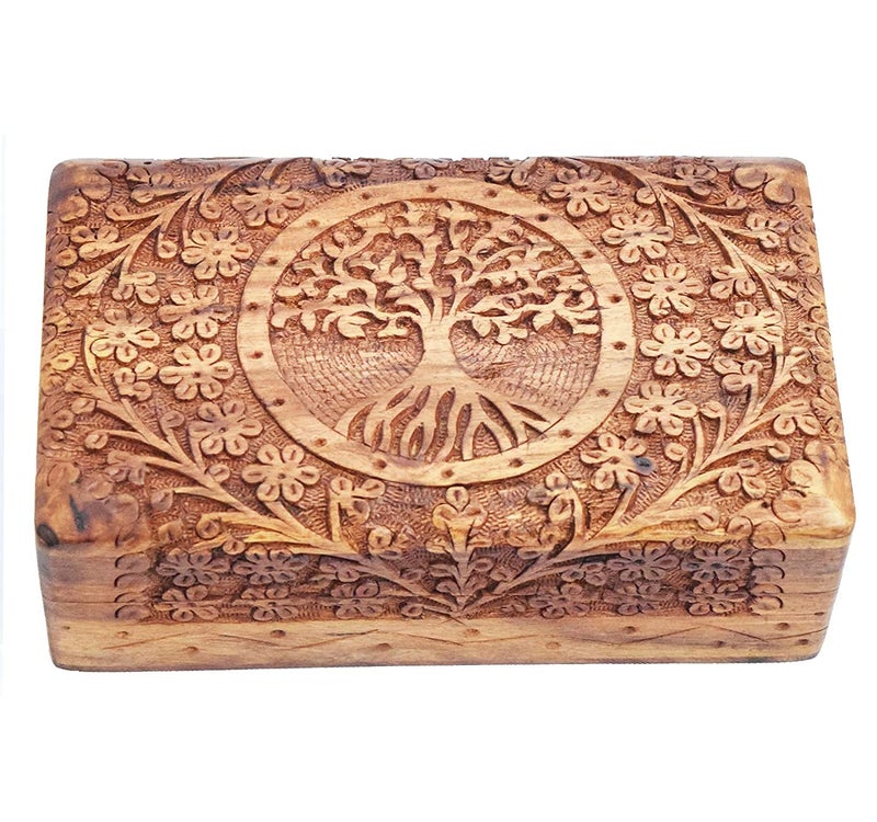 Woodiva Handmade Sheesham Wooden Rectangular Storage Box Hand Carved Tree design Jewelry Box & Decorative Gift Box (7X5 X2.5 inches) - Image 1
