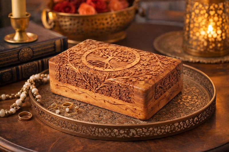 Woodiva Handmade Sheesham Wooden Rectangular Storage Box Hand Carved Tree design Jewelry Box & Decorative Gift Box (7X5 X2.5 inches) - Image 5