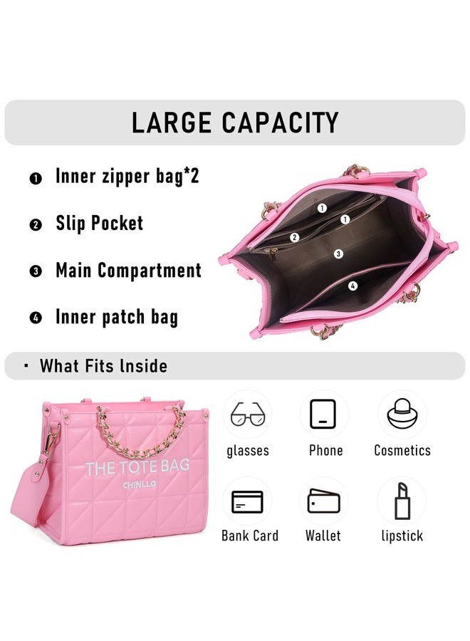 Chinllo Tote Bag for Women, Quilted Chains Stachel Purse and Handbags with Shoulder Strap (E.Pink-S) - Image 4