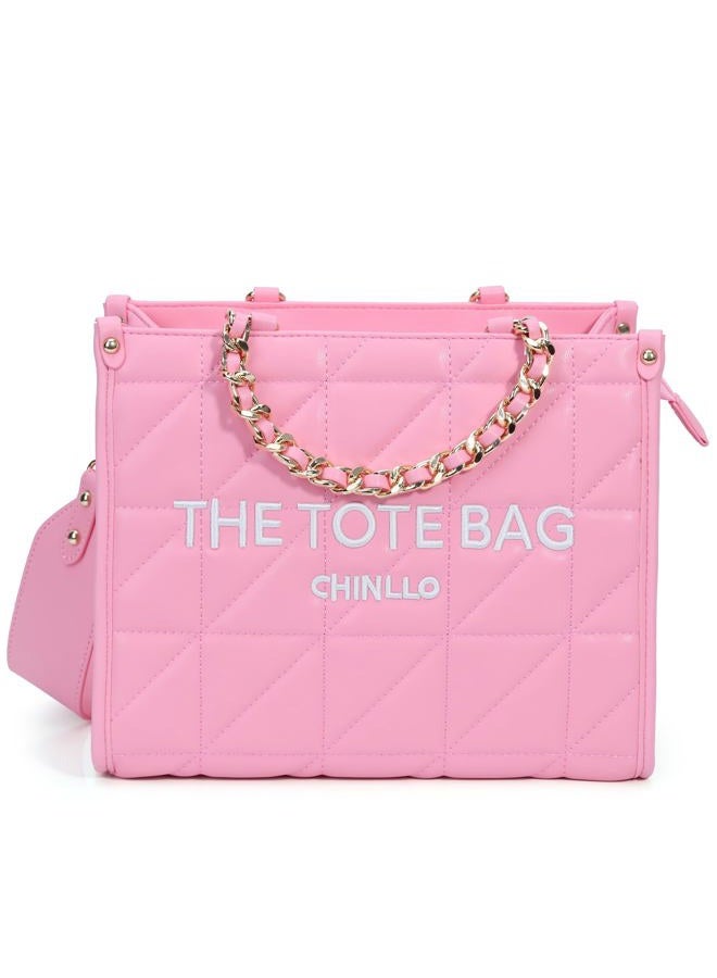 Chinllo Tote Bag for Women, Quilted Chains Stachel Purse and Handbags with Shoulder Strap (E.Pink-S) - Image 1