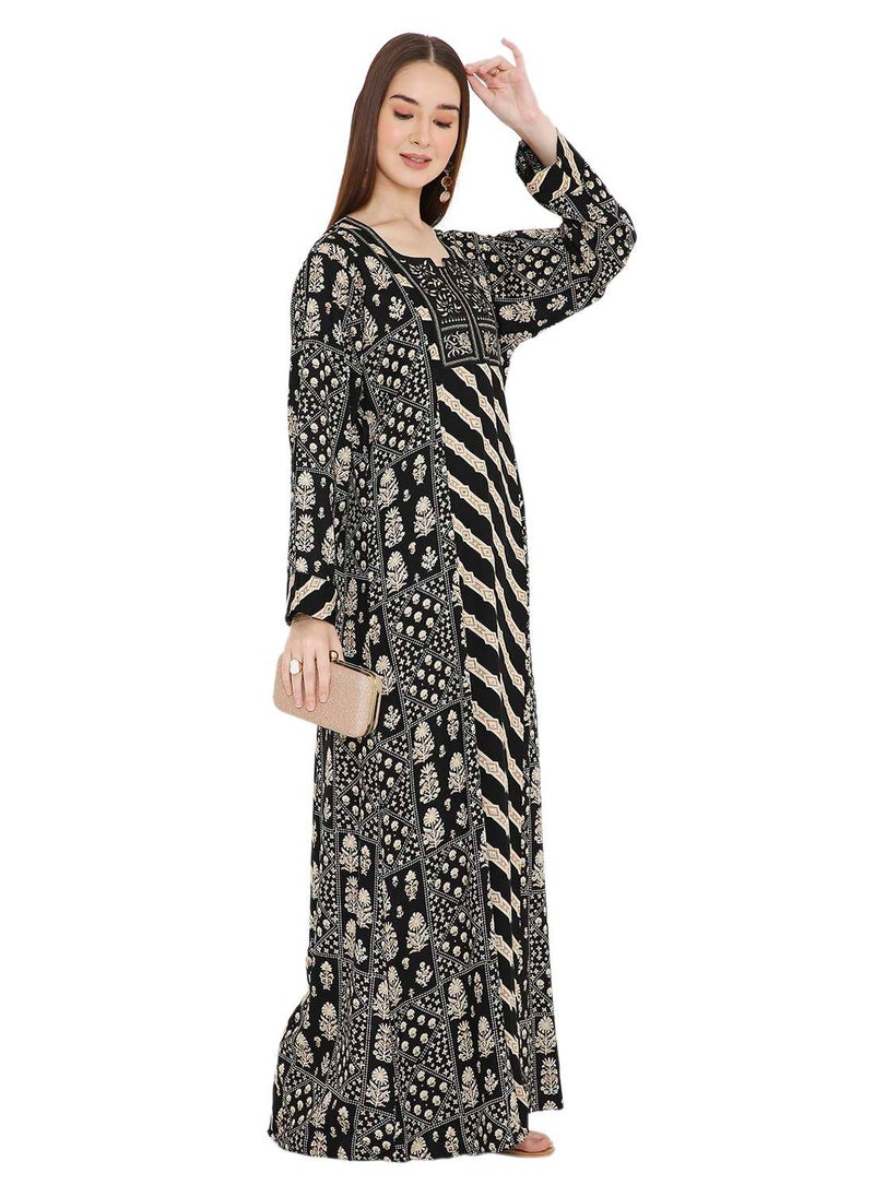 UNIQUE STYLE PRINTED WITH THREAD EMBROIDERY LONG VISCOSE ARABIC KAFTAN JALABIYA DRESSES