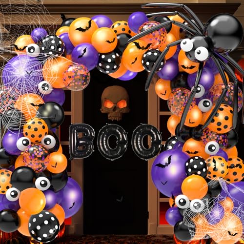 Oomloid 126 Pcs Halloween Balloon Garland Arch Kit Halloween Party Decorations Include Spider Web Bats Purple Orange and Black Balloons for Birthday Party Supplies Decor