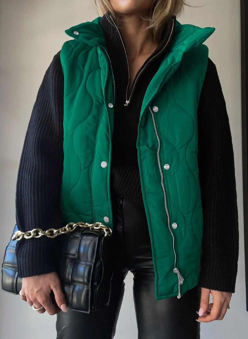 EVALESS Casual Cropped Puffer Vest Women Plus Size Lightweight Quilted Stand Collar Sleeveless Jackets Fall Winter 2025 Button Zip Up Warm Coat Outerwear with Pockets Green XX-Large - Image 2