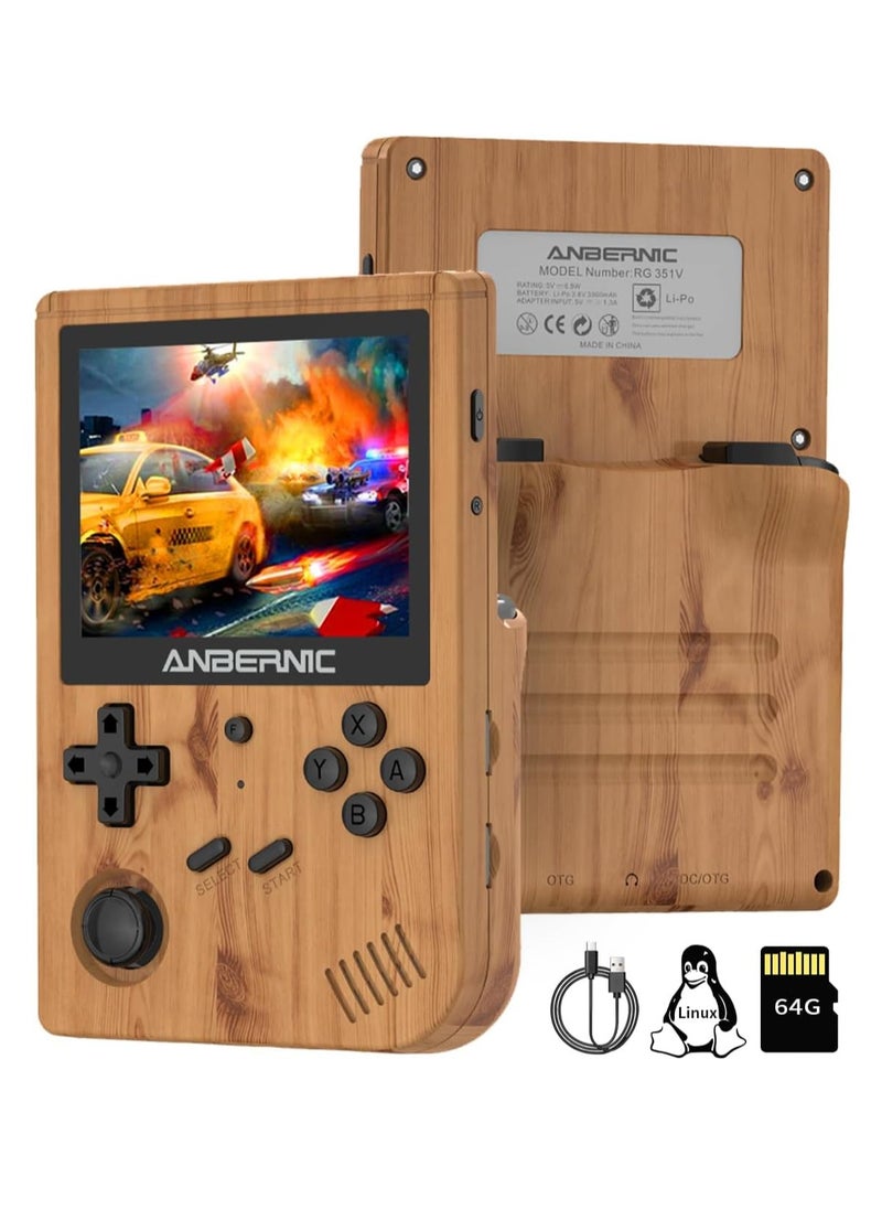 ANBERNIC  - RG351V Handheld Game Console, Plug & Play Video Games Supports Double TF Extend 256GB, Portable Game Console 3.5 Inch IPS Screen 2521 Games (Woodgrain) - Image 1