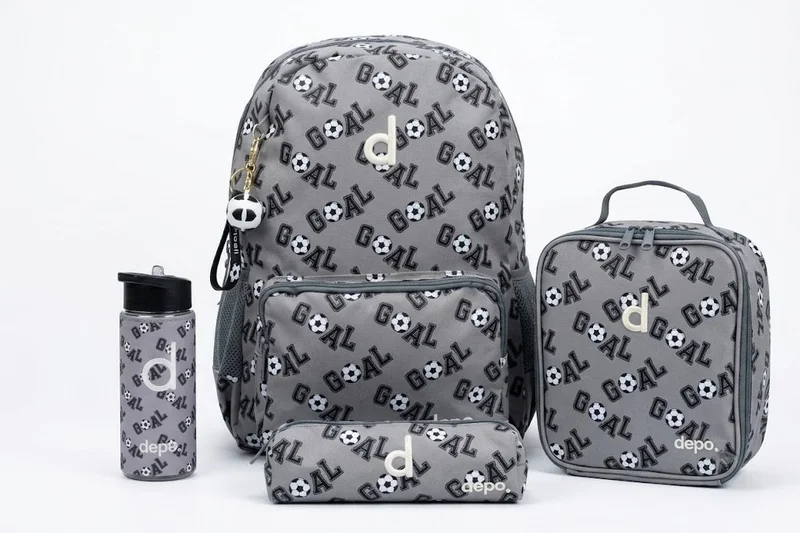 Depo DEPO 4-Piece School Set for Kids – 44 cm Grey & Black Soccer Pattern Backpack with Insulated Lunch Bag, Matching Pencil Case & 500ml BPA-Free Water Bottle