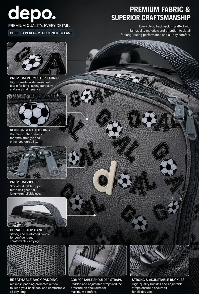 Depo DEPO 4-Piece School Set for Kids – 44 cm Grey & Black Soccer Pattern Backpack with Insulated Lunch Bag, Matching Pencil Case & 500ml BPA-Free Water Bottle