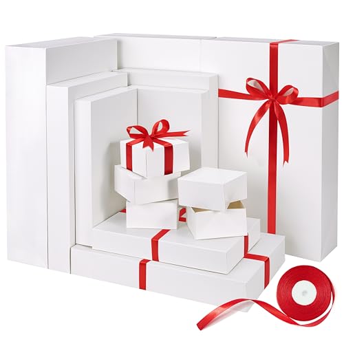 Bobobag 13 Pack White Gift Boxes with Lids for Presents Assorted size Gift Boxes for Christmas 3 Extra large 173 Large 14253 Medium 114 Small 4 Red Ribbon 4 inch Deep Box for Wrapping Robe Scarf Mug - Image 1
