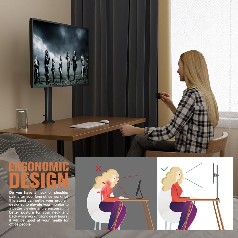 Hemudu Single Tall Desk Monitor Arm Mount Stand Fit for 27 inch to 43 inch Flat Curved Computer Screen with Swivel, Height Adjustable, Rotation,Holds up to 35kg, Black - Image 5