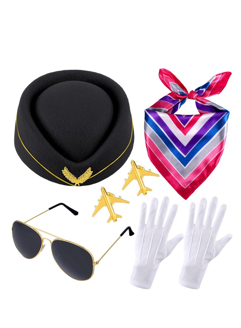 Zikra 7 Pcs Women's Flight Attendant Costume Accessories, Stylish Stewardess Outfits Flight Attendant Hat Sunglasses Scarf Gloves, Ideal for Makeup Party, Drama Performance, Birthday Party - Image 1