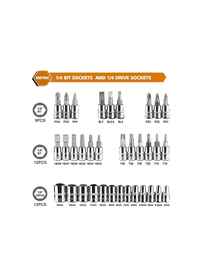 ZUOMIDIE Pieces 1/4 inch Drive Ratchet Wrench Socket Sets,with Bit Socket Set Metric and Extension Bar for Auto Repairing and Household,Car Repair Tool Ratchet Torque Wrench Combo Tools Kit  - Image 3