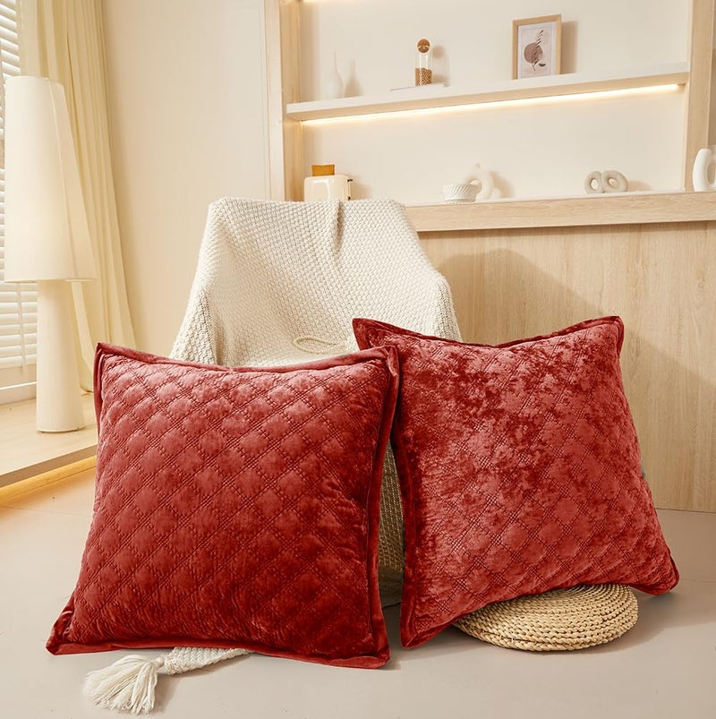 COCOPLOCEUS 1 Piece 24x24 Pillow Cover Red Euro Sham Decorative Quilted Pillow Covers Velvet Square Cushion Covers Soft Texture Euro Shams for Couch Sofa Bed Bedroom Living Room - Image 5