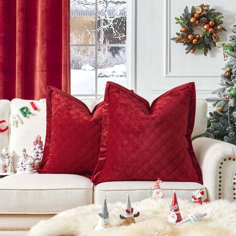 COCOPLOCEUS 1 Piece 24x24 Pillow Cover Red Euro Sham Decorative Quilted Pillow Covers Velvet Square Cushion Covers Soft Texture Euro Shams for Couch Sofa Bed Bedroom Living Room - Image 2