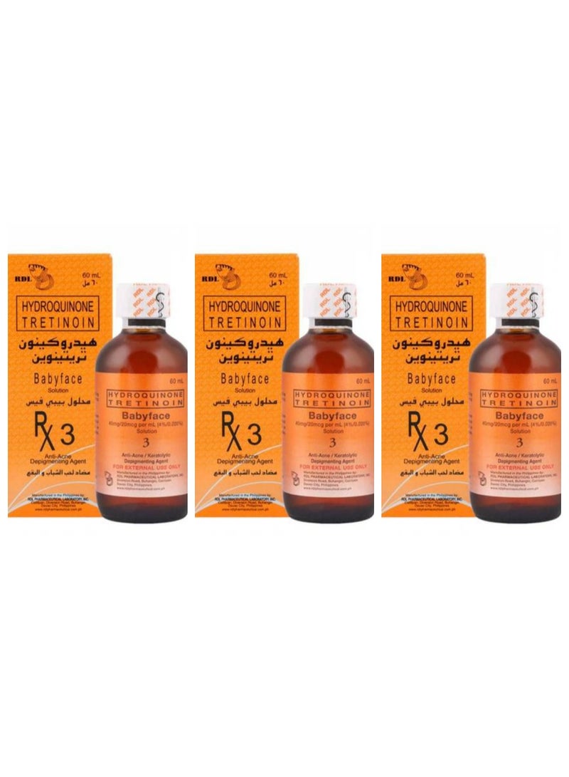 Three Pcs Of Babyface Hydroquinone Tretinoin No 3 Solution Clear Anti Acne Depigmenting Agent 60 ml