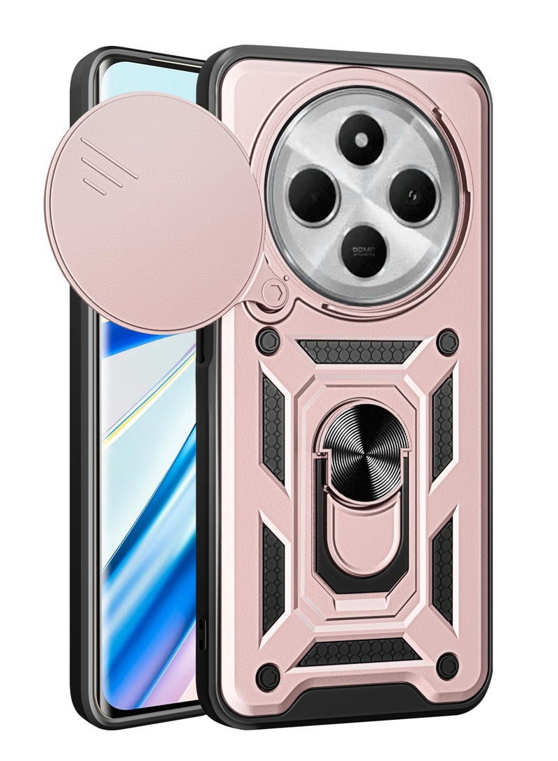Shunjia Sliding Window Case, Shockproof Rugged Armor with Sliding Camera Cover & 360° Ring Kickstand, Compatible with Xiaomi Redmi 14C (Rose Gold)