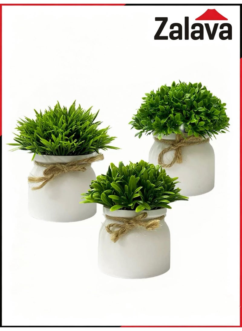 3pcs Mini Artificial Potted Plants, Fake Greenery with White Plastic Pots & Rustic Twine Decor, Faux Small Plants for Home, Office, Bathroom, Shelf, Desk and Farmhouse Table Decor - Image 1