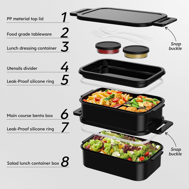 Jelife Adult Bento Box Lunch Box - Large Style Stackable Bento Lunch Box For Adults  72Oz All-In-One 3 Layers Bento Boxes Leak-Proof Lunchbox With Utensil Sauce Containers For Dining Out Work  Black - Image 3
