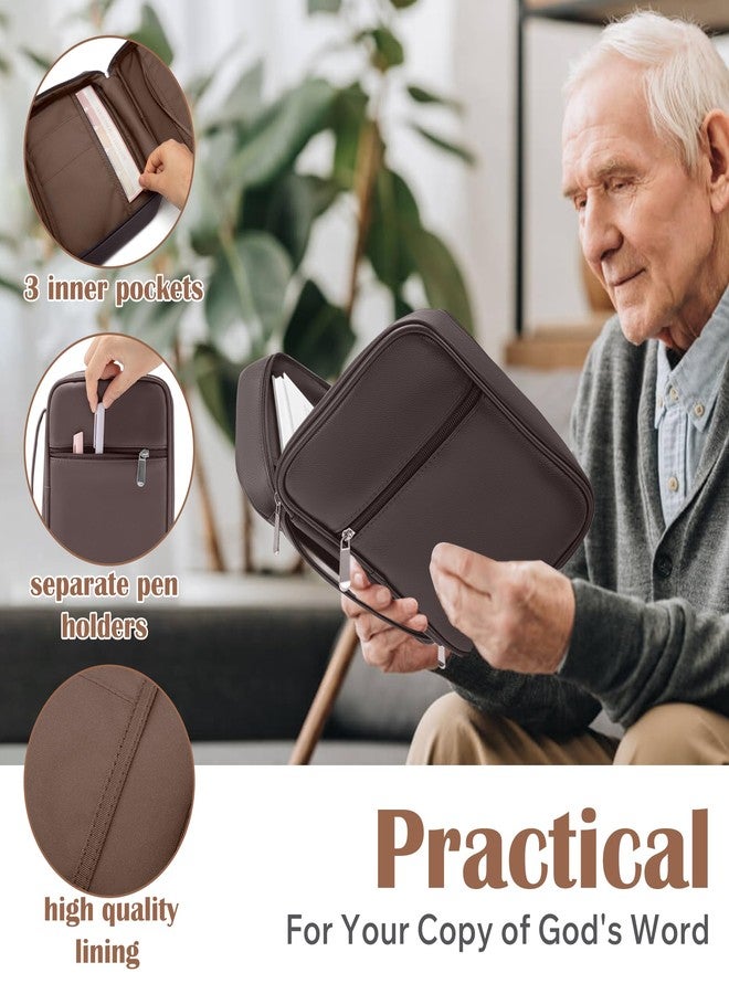 Aburbe Small Bible Cover Case for Women and Men, 9x6 PU Leather Bible Sleeve, Compact Travel Bible Carrier Bag with Front Pen Holders, Zipper Closure, Inner Pockets - Coffee Brown - Image 3