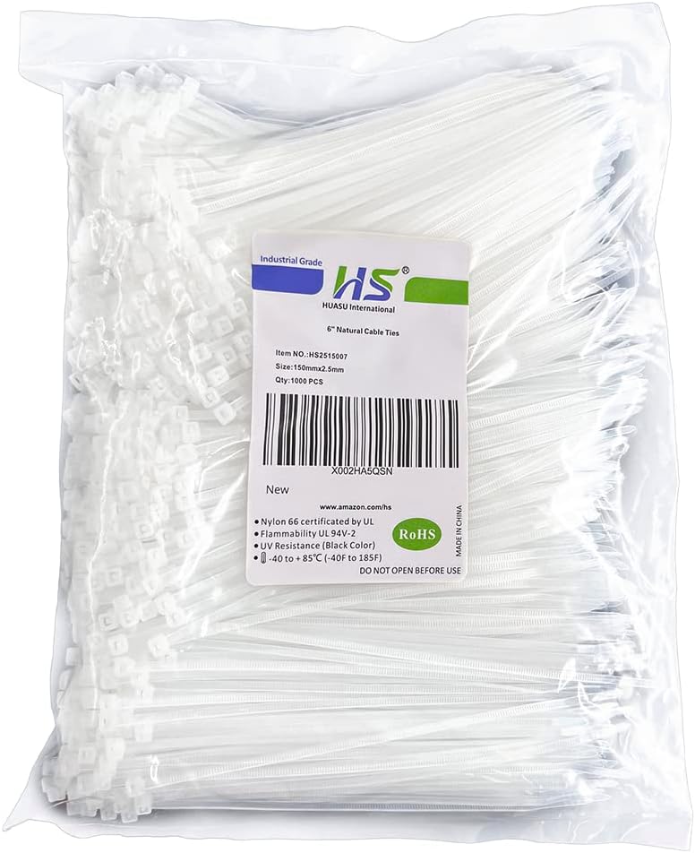 HS Clear Zip Ties 6 Inch Small (Bulk 1000 Pack) 18 LBS Self Locking Zip Ties White Nylon Ties Thin,Strong and Durable - Image 1