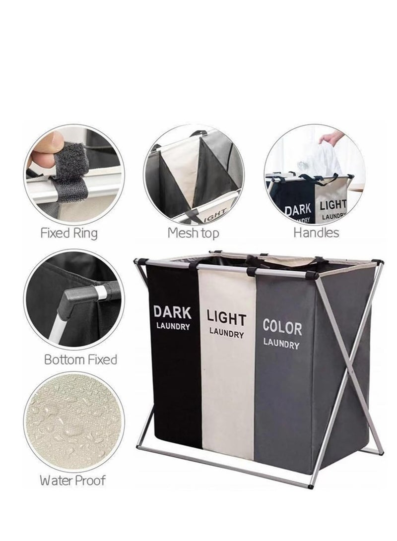 Raxoom Laundry Basket 3 Sections, Foldable Laundry Hamper Sorter for Bedroom Bathroom Dorm, Waterproof Divided Dirty Clothes Basket with Aluminum Frame - Image 5