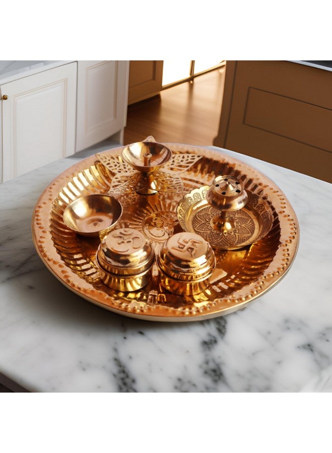 Salvus App SOLUTIONS مجموعة صينية بوجا من سالفوس APP SOLUTIONS مصنوعة من النحاس مع وعاء، ديا فيلاكو، صندوقين سندهور ووقوف عود البخور للطقوس المقدسة (ذهبي_7 بوصة) - Image 1