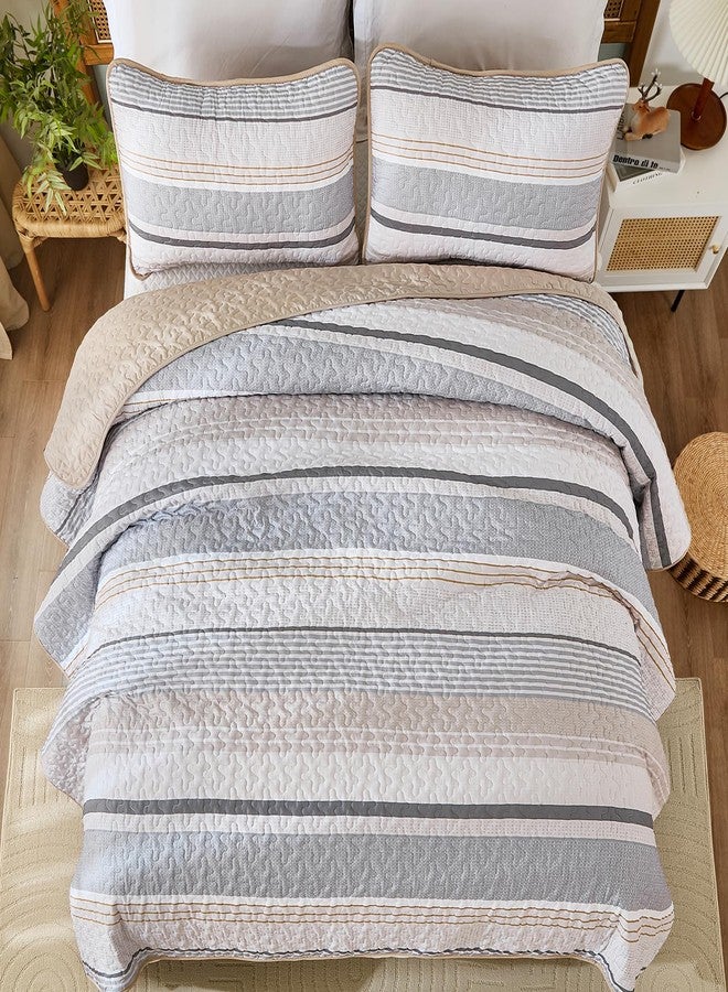 Dintszyayue King Size Quilts Brown, 3 Pieces Boho Striped Bedspread Bedding for King Size Bed, Soft Lightweight Microfiber Bohemian Coverlet Set for All Season Quilts with 2 Pillowcases - Image 4