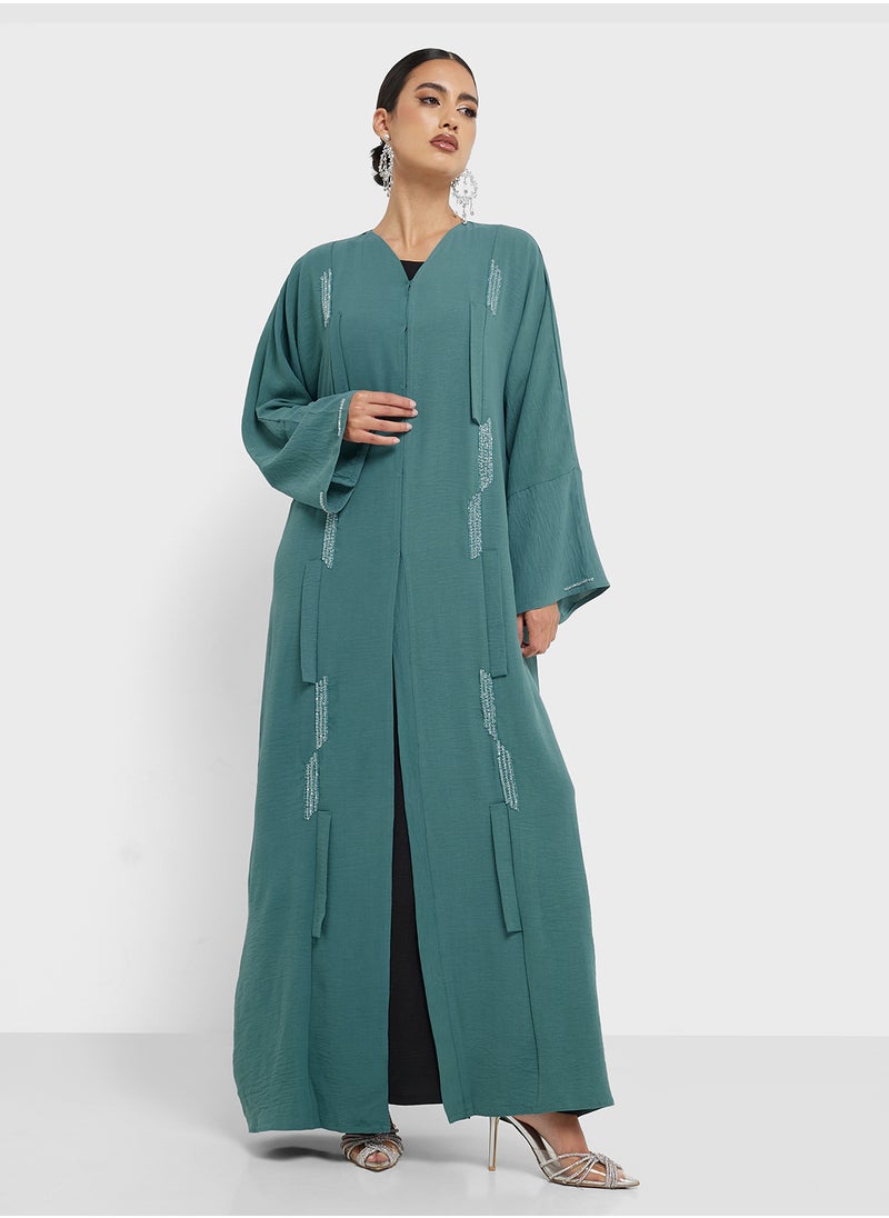 hayas closet V-Neck Ruched Flared Sleeve Abaya  - Image 5