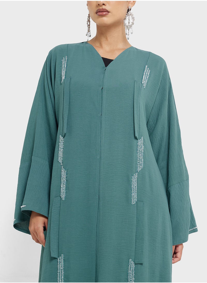 hayas closet V-Neck Ruched Flared Sleeve Abaya  - Image 3