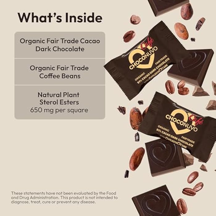 ANDREW LESSMAN ChocoNuvo Café 91% Cacao 30 Pieces - Organic Fair Trade Coffee-Flavored Dark Chocolate. Beneficial Plant Sterols to Promote Healthy Cholesterol Balance. 25 Calorie Squares, Low Fat - Image 3
