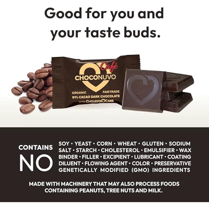 ANDREW LESSMAN ChocoNuvo Café 91% Cacao 30 Pieces - Organic Fair Trade Coffee-Flavored Dark Chocolate. Beneficial Plant Sterols to Promote Healthy Cholesterol Balance. 25 Calorie Squares, Low Fat - Image 5