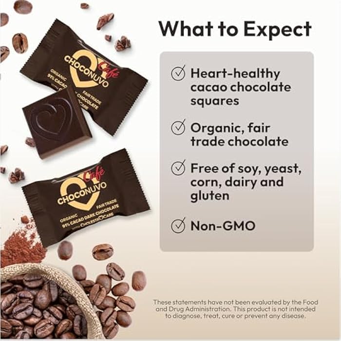ANDREW LESSMAN ChocoNuvo Café 91% Cacao 30 Pieces - Organic Fair Trade Coffee-Flavored Dark Chocolate. Beneficial Plant Sterols to Promote Healthy Cholesterol Balance. 25 Calorie Squares, Low Fat - Image 4