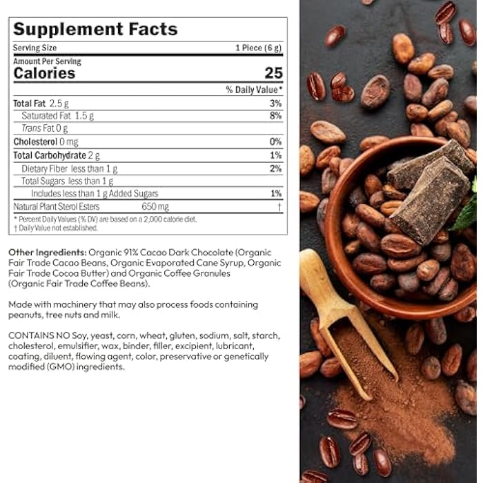 ANDREW LESSMAN ChocoNuvo Café 91% Cacao 30 Pieces - Organic Fair Trade Coffee-Flavored Dark Chocolate. Beneficial Plant Sterols to Promote Healthy Cholesterol Balance. 25 Calorie Squares, Low Fat - Image 2