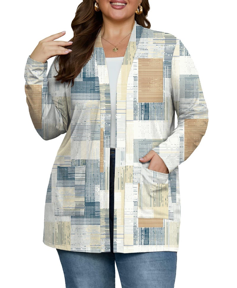 OLRIK Plus Size Cardigan For Women Long Sleeve Lightweight Jacket Open Front Cover Ups FP-Beige Gray Geometry-4X - Image 1